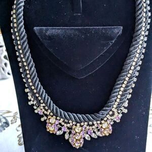 Banana Republic Choker Black Satin Rope Purple Clear Crystal Rhinestone Necklace
